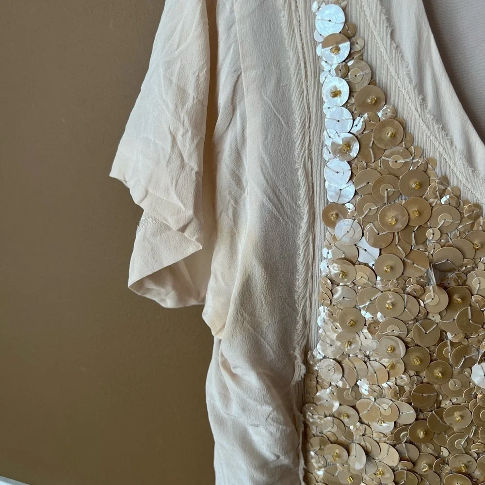 J. Crew Beige Sequin Short Sleeve Blouse Size M New Years Eve Holiday Party
